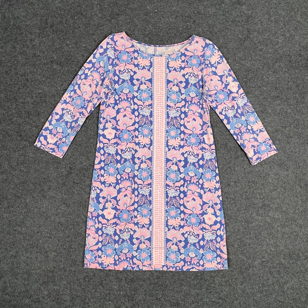 Lilly Pulitzer Marlowe Dress Womens M Blue Pink Floral Paisley 3/4 Sleeve